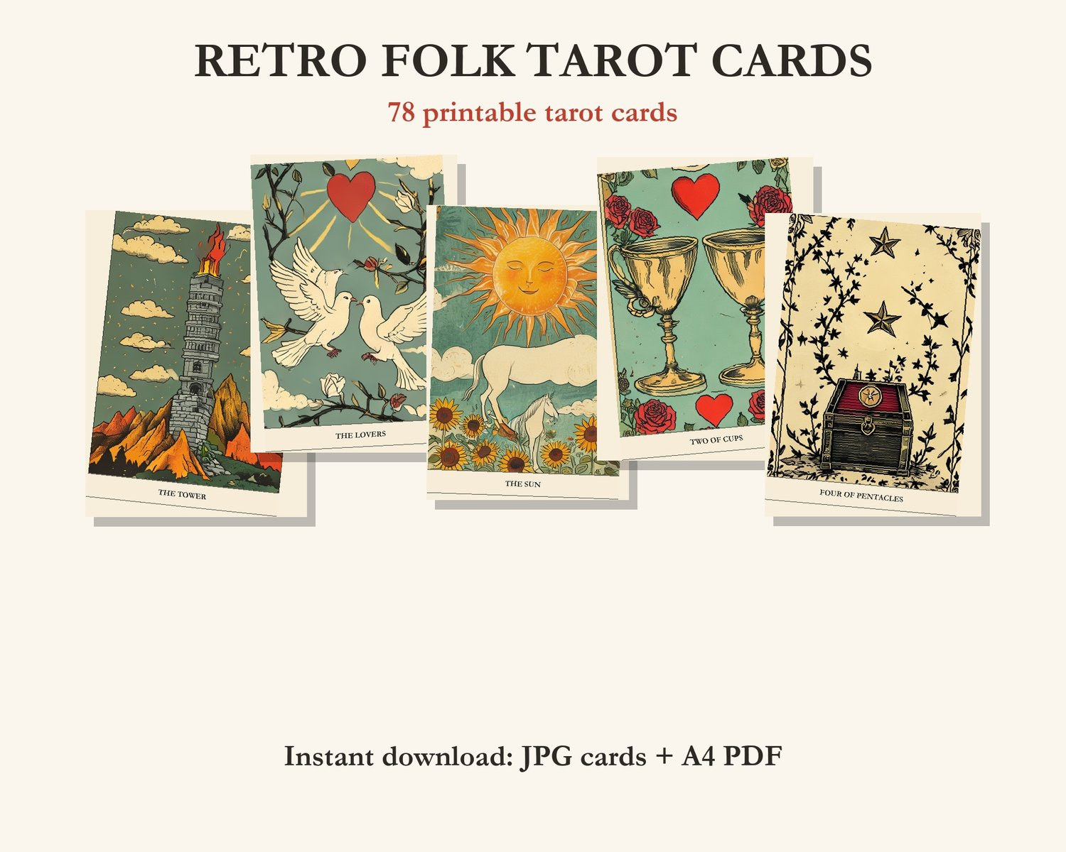 Sample Retro Folk Tarot Cards - 78 Printable Tarot Card